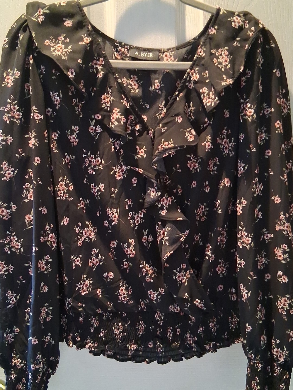 A. Byer Black Blouse with Pink Floral Ruffles